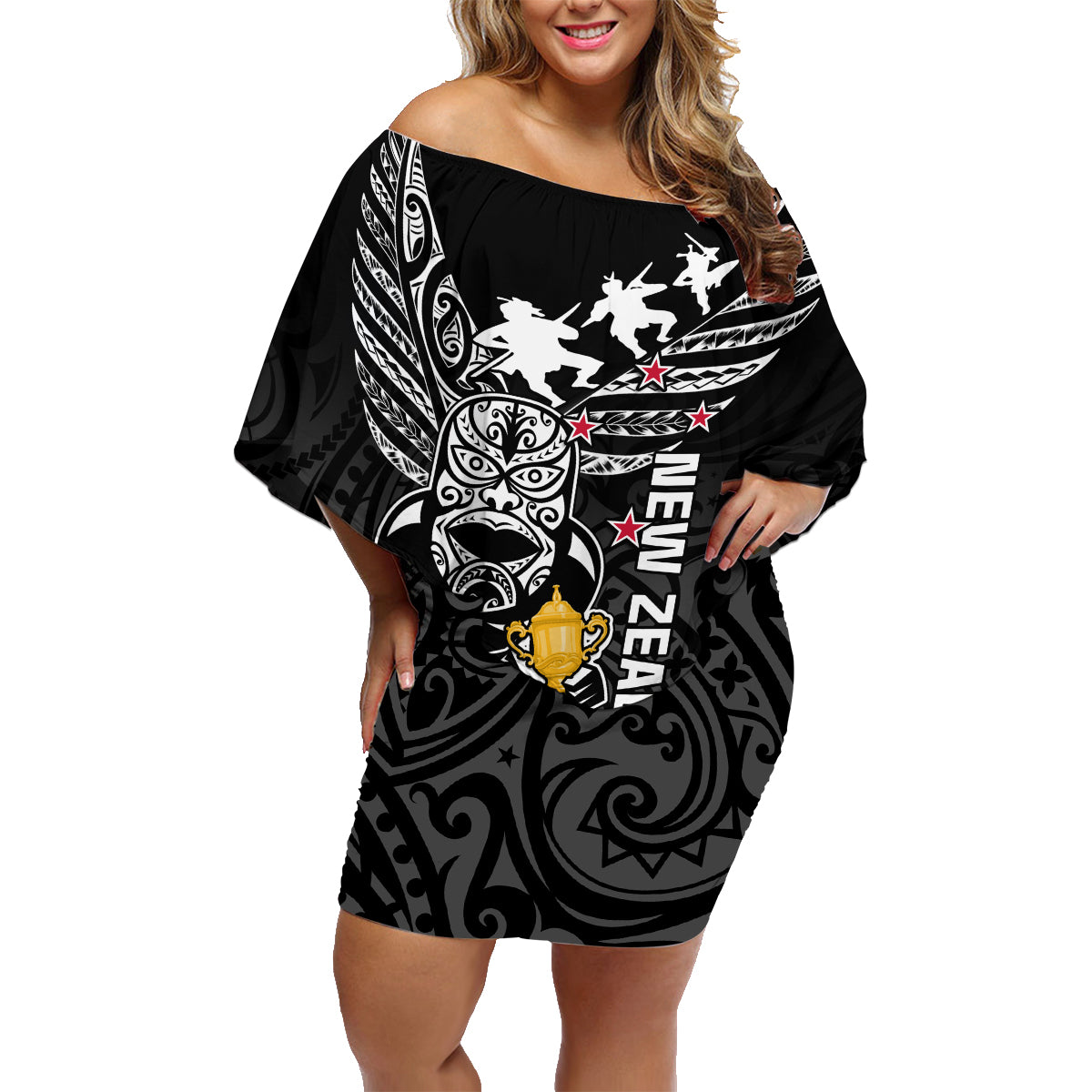 Custom New Zealand Silver Fern Rugby Family Matching Off Shoulder Short Dress and Hawaiian Shirt Aotearoa Champion 2023 World Cup LT01 Mom's Dress Black - Polynesian Pride
