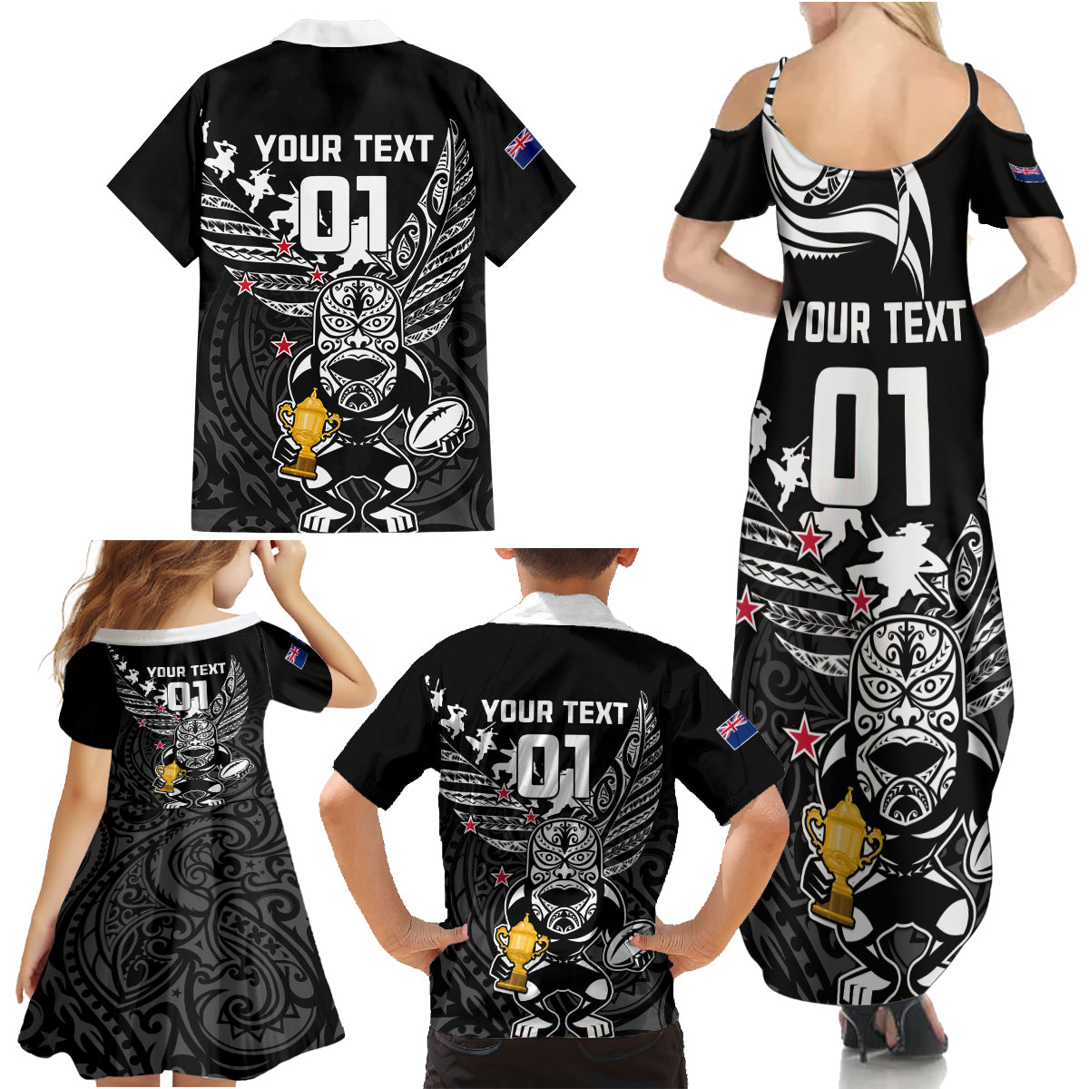 Custom New Zealand Silver Fern Rugby Family Matching Summer Maxi Dress and Hawaiian Shirt Aotearoa Champion 2023 World Cup LT01 - Polynesian Pride