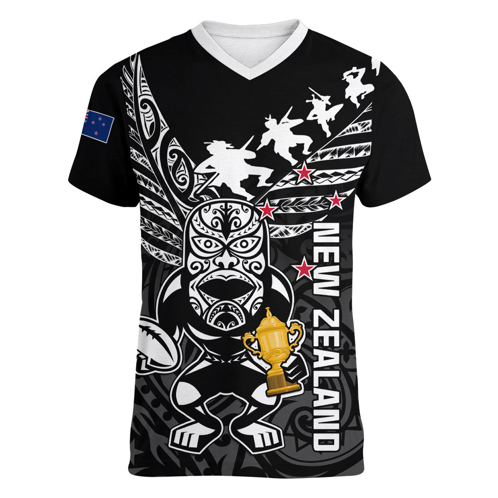Custom New Zealand Silver Fern Rugby Women V Neck T Shirt Aotearoa Champion 2023 World Cup LT01 Female Black - Polynesian Pride