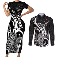 New Zealand Waitangi Day Couples Matching Short Sleeve Bodycon Dress and Long Sleeve Button Shirt Aotearoa Te Tiriti O Waitangi Kiwi Black Version LT01 Black - Polynesian Pride