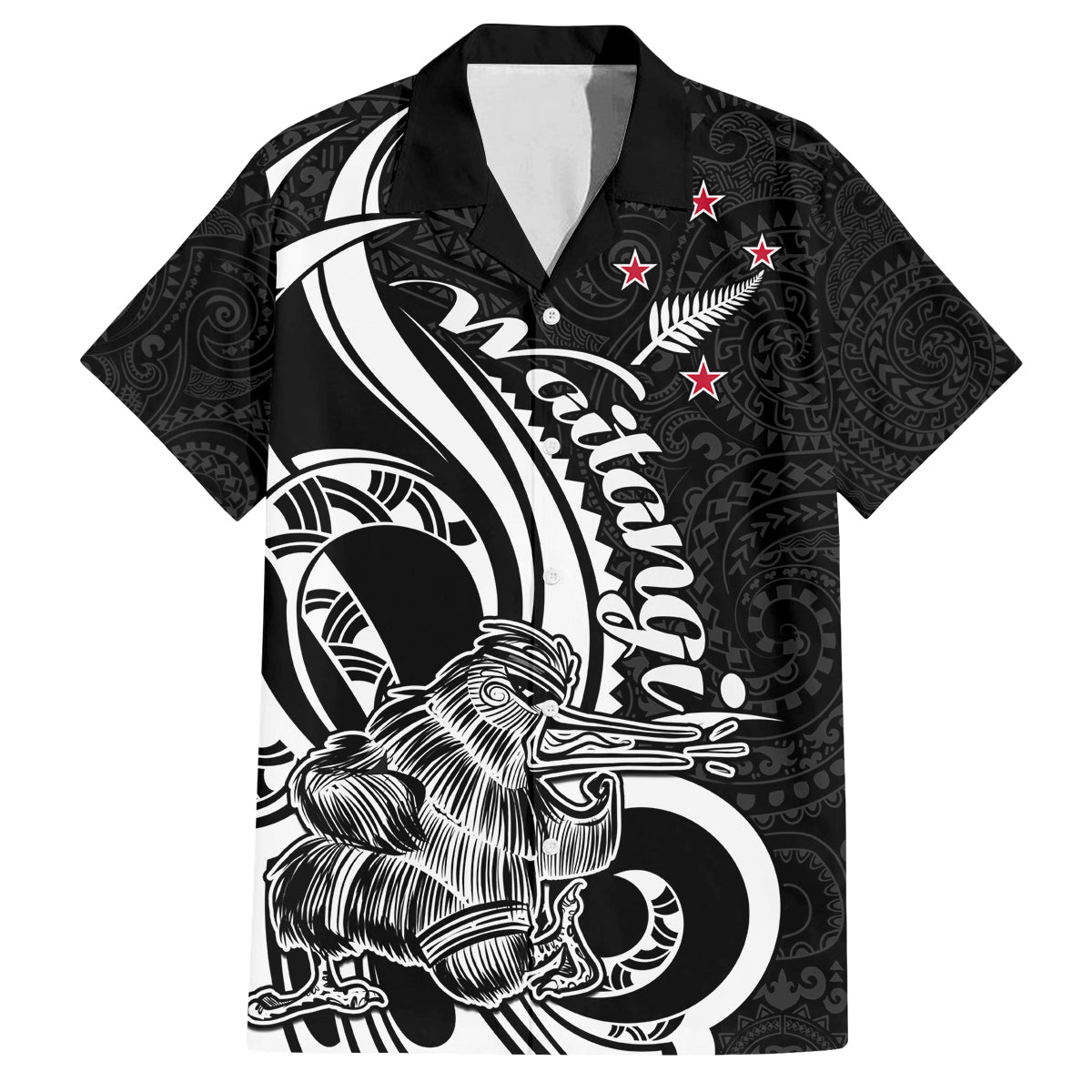 New Zealand Waitangi Day Family Matching Off Shoulder Maxi Dress and Hawaiian Shirt Aotearoa Te Tiriti O Waitangi Kiwi Black Version LT01 Dad's Shirt - Short Sleeve Black - Polynesian Pride