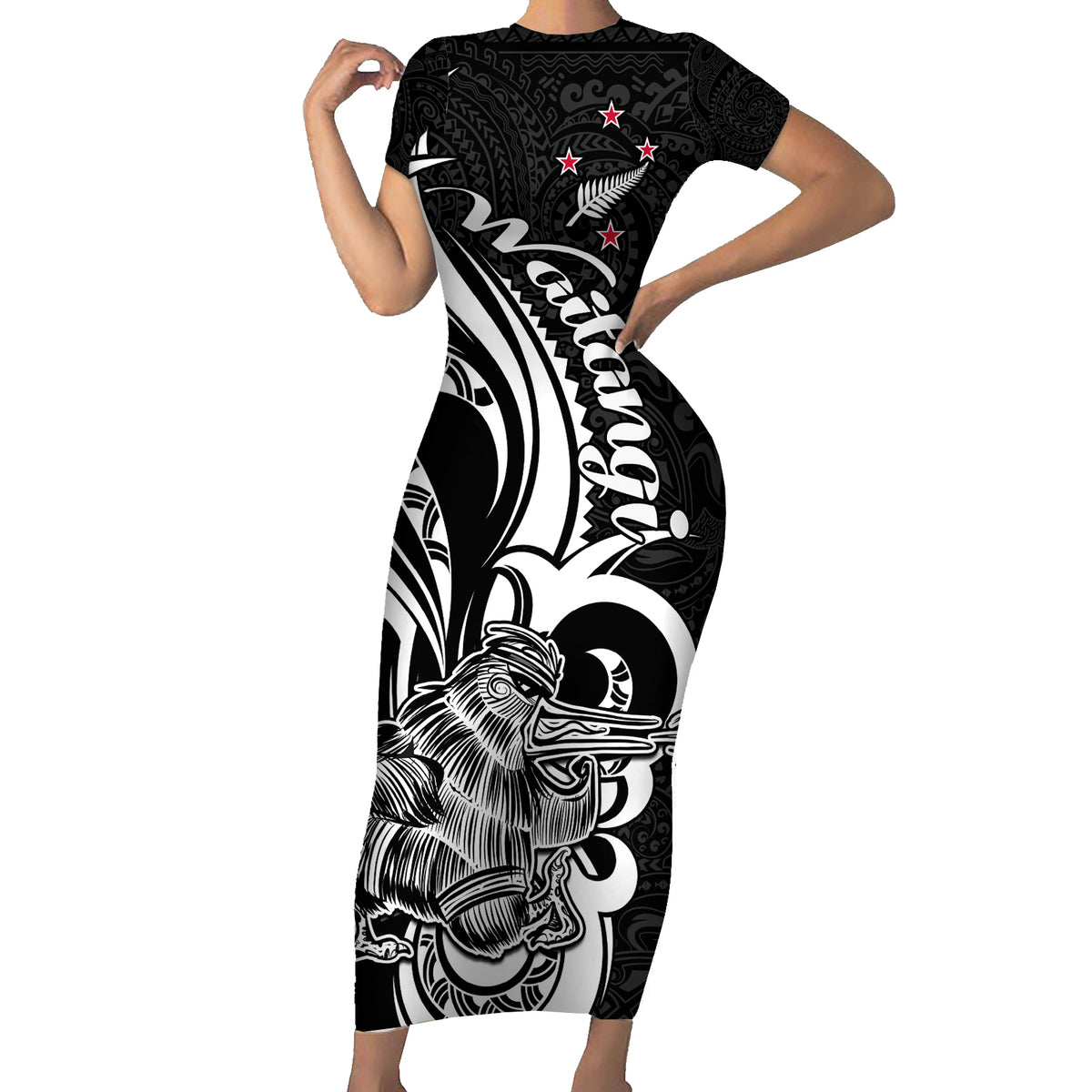 New Zealand Waitangi Day Family Matching Short Sleeve Bodycon Dress and Hawaiian Shirt Aotearoa Te Tiriti O Waitangi Kiwi Black Version LT01 Mom's Dress Black - Polynesian Pride
