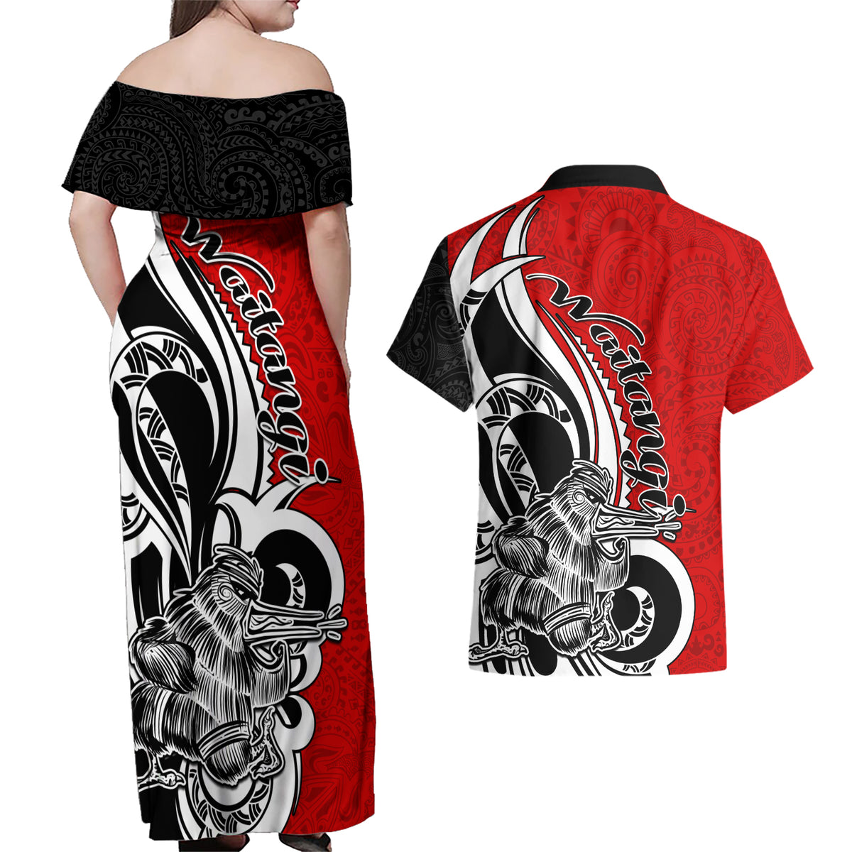 New Zealand Waitangi Day Couples Matching Off Shoulder Maxi Dress and Hawaiian Shirt Aotearoa Te Tiriti O Waitangi Kiwi Red Version LT01 - Polynesian Pride