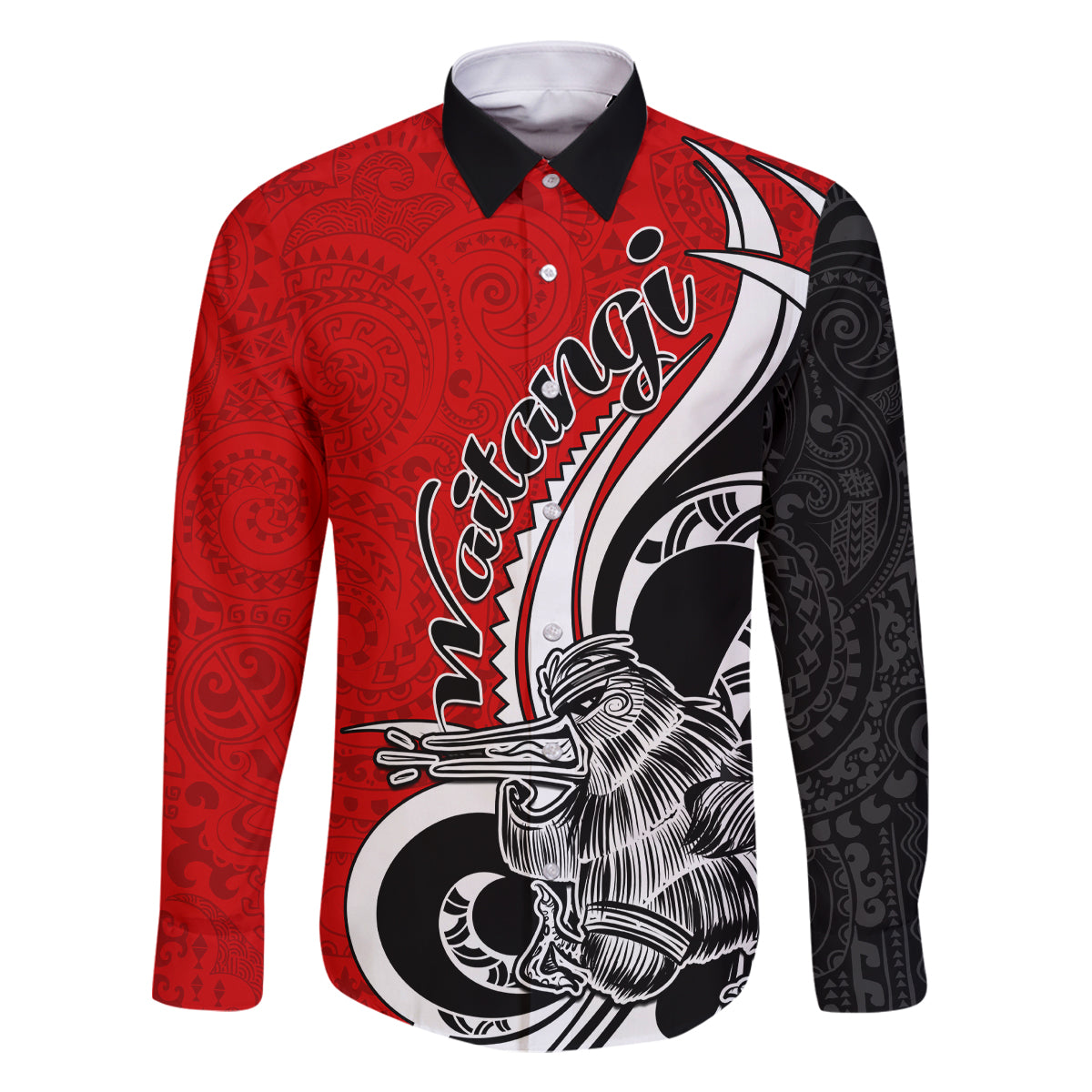 New Zealand Waitangi Day Family Matching Long Sleeve Bodycon Dress and Hawaiian Shirt Aotearoa Te Tiriti O Waitangi Kiwi Red Version LT01 Dad's Shirt - Long Sleeve Red - Polynesian Pride