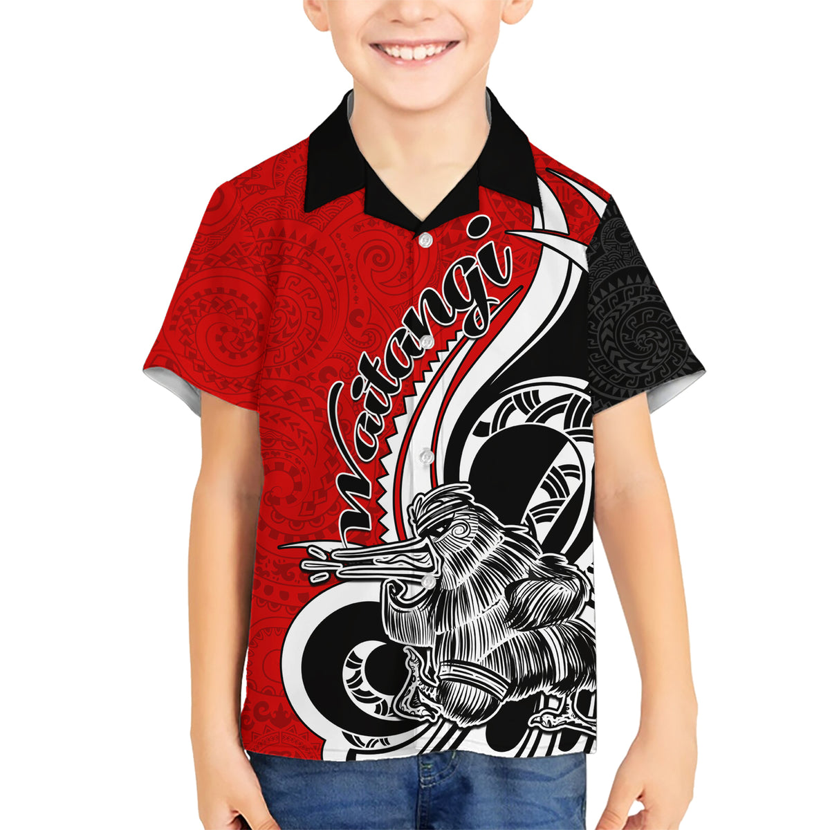 New Zealand Waitangi Day Family Matching Short Sleeve Bodycon Dress and Hawaiian Shirt Aotearoa Te Tiriti O Waitangi Kiwi Red Version LT01 Son's Shirt Red - Polynesian Pride