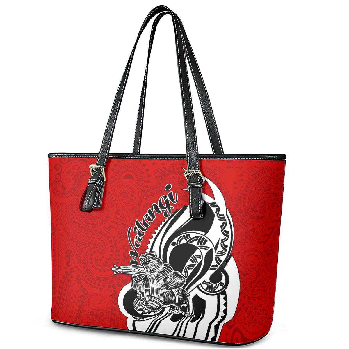 New Zealand Waitangi Day Leather Tote Bag Aotearoa Te Tiriti O Waitangi Kiwi Red Version LT01 - Polynesian Pride