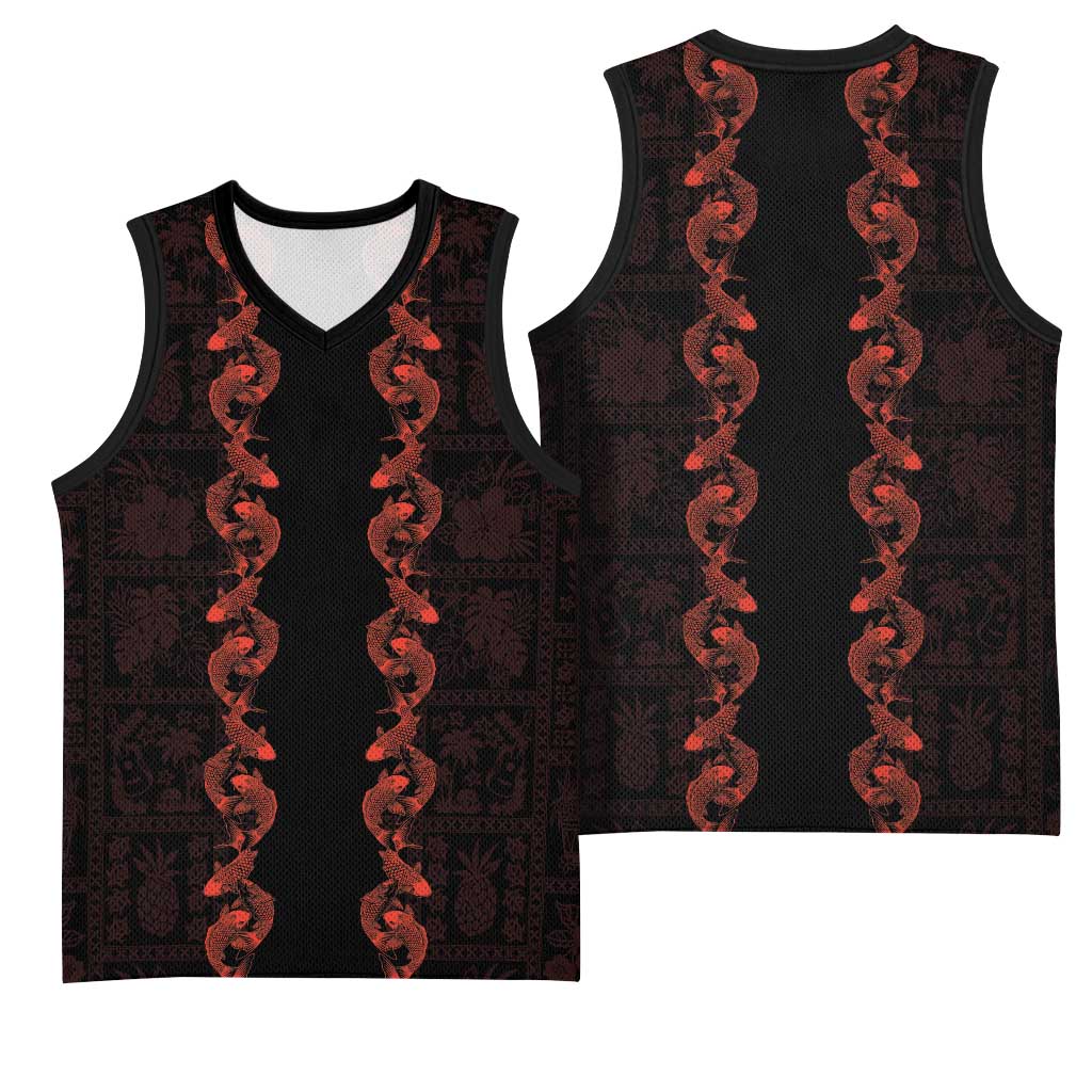 Hawaii Japan Koi Fish Red Basketball Jersey Tapa Pattern - Polynesian Pride