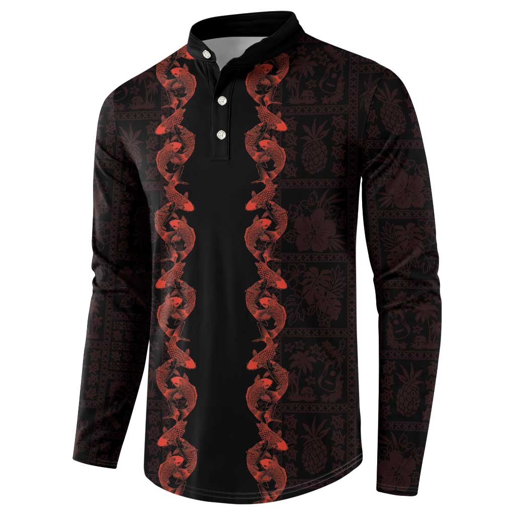Hawaii Japan Koi Fish Red Button Sweatshirt Tapa Pattern - Polynesian Pride