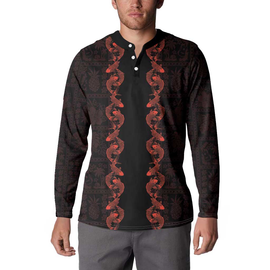 Hawaii Japan Koi Fish Red Button Sweatshirt Tapa Pattern - Polynesian Pride