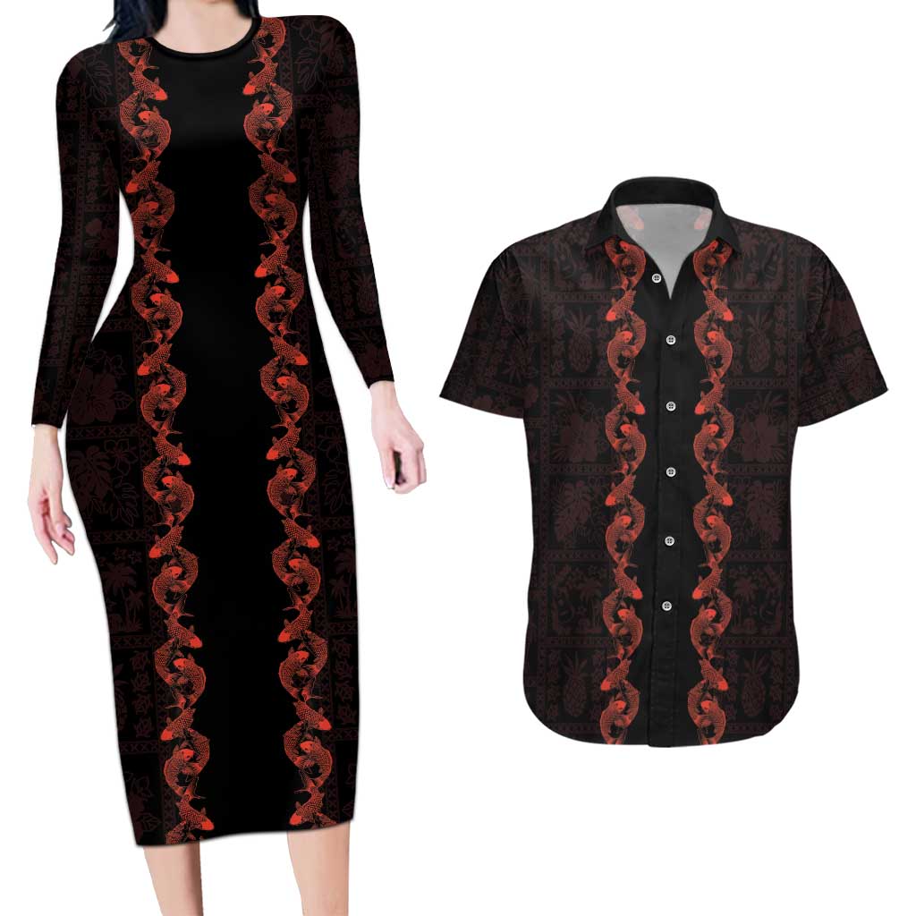 Hawaii Japan Koi Fish Red Couples Matching Long Sleeve Bodycon Dress and Hawaiian Shirt Tapa Pattern LT01 Red - Polynesian Pride