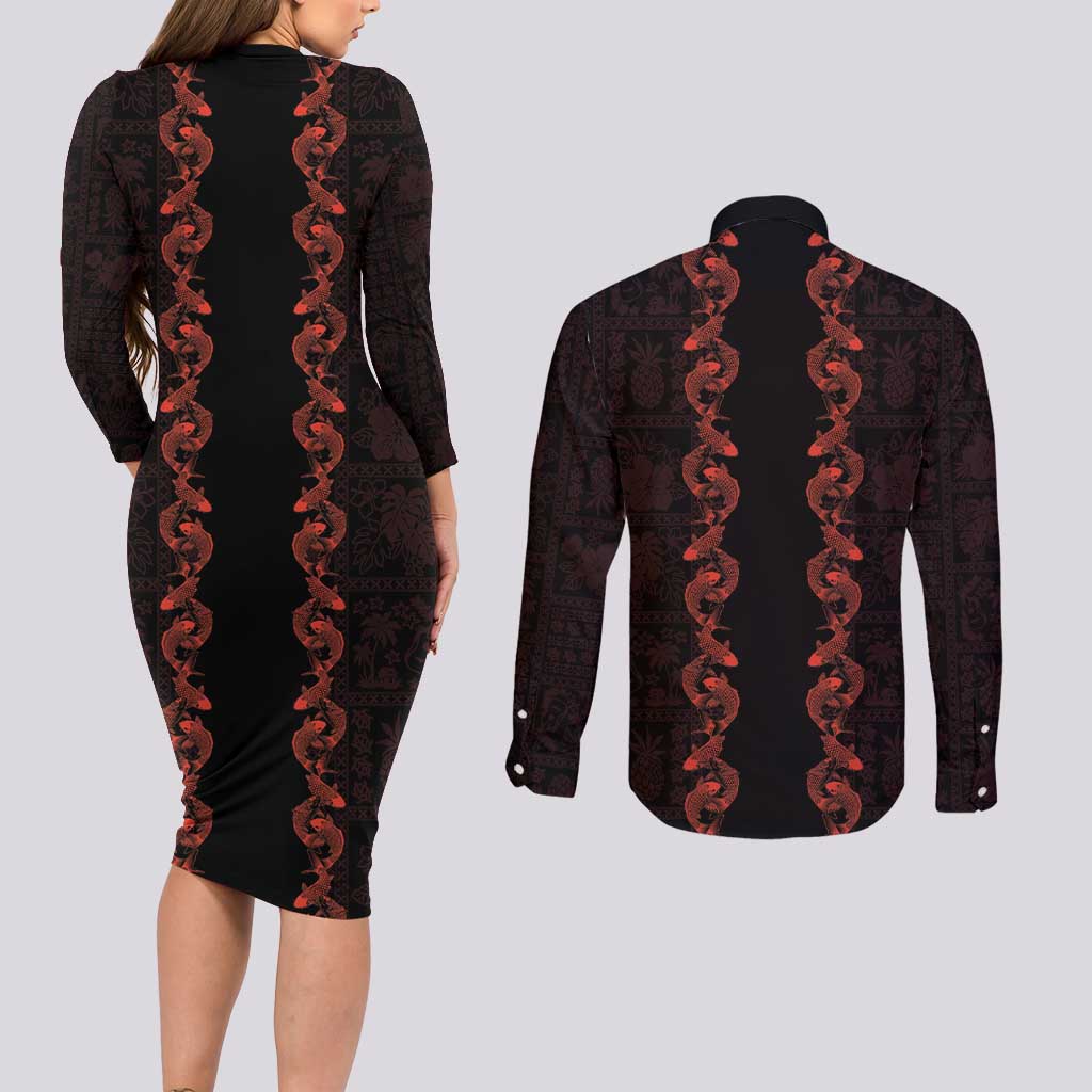 Hawaii Japan Koi Fish Red Couples Matching Long Sleeve Bodycon Dress and Long Sleeve Button Shirt Tapa Pattern LT01 - Polynesian Pride