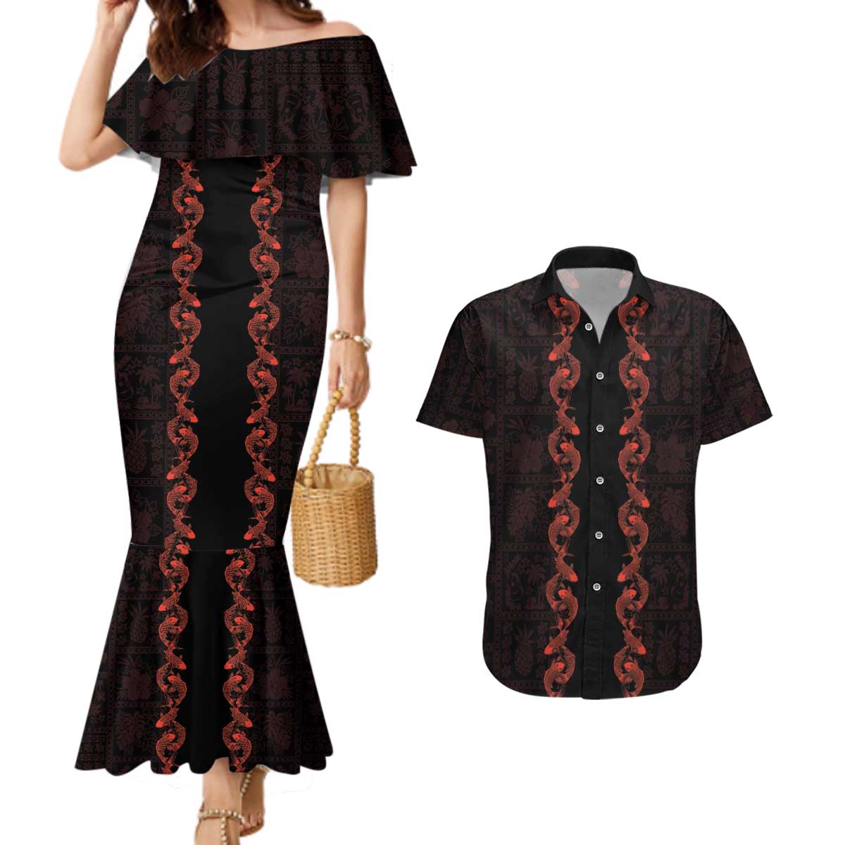 Hawaii Japan Koi Fish Red Couples Matching Mermaid Dress and Hawaiian Shirt Tapa Pattern LT01 Red - Polynesian Pride