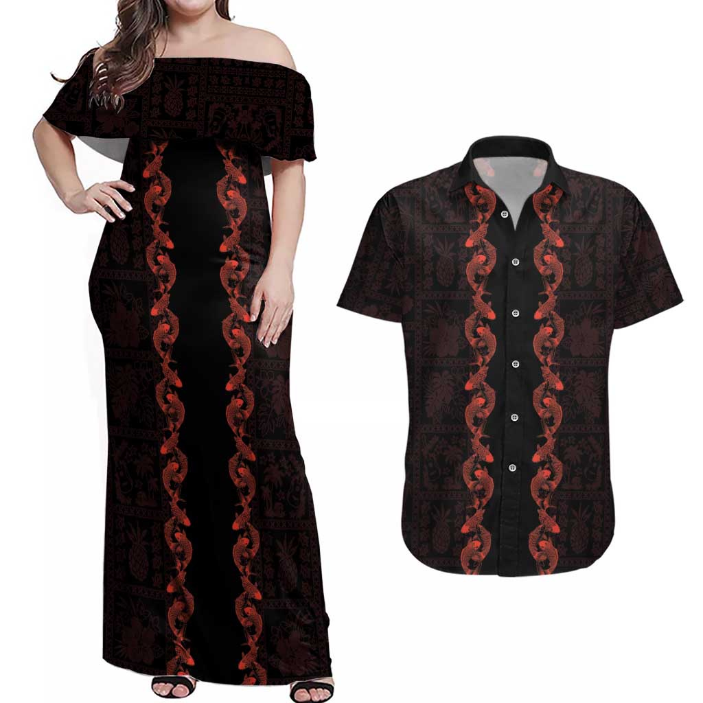 Hawaii Japan Koi Fish Red Couples Matching Off Shoulder Maxi Dress and Hawaiian Shirt Tapa Pattern LT01 Red - Polynesian Pride