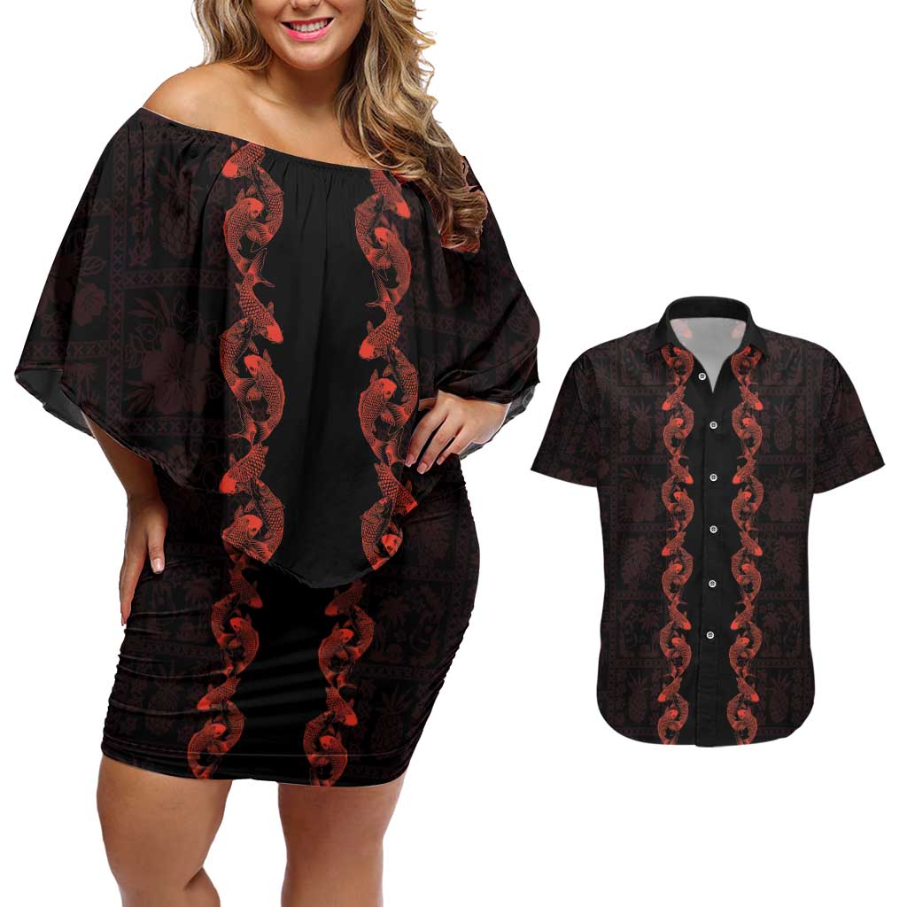 Hawaii Japan Koi Fish Red Couples Matching Off Shoulder Short Dress and Hawaiian Shirt Tapa Pattern LT01 Red - Polynesian Pride