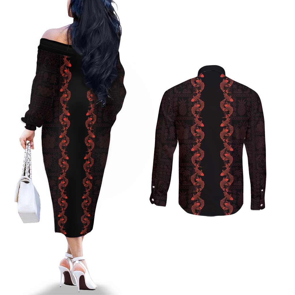 Hawaii Japan Koi Fish Red Couples Matching Off The Shoulder Long Sleeve Dress and Long Sleeve Button Shirt Tapa Pattern LT01 - Polynesian Pride