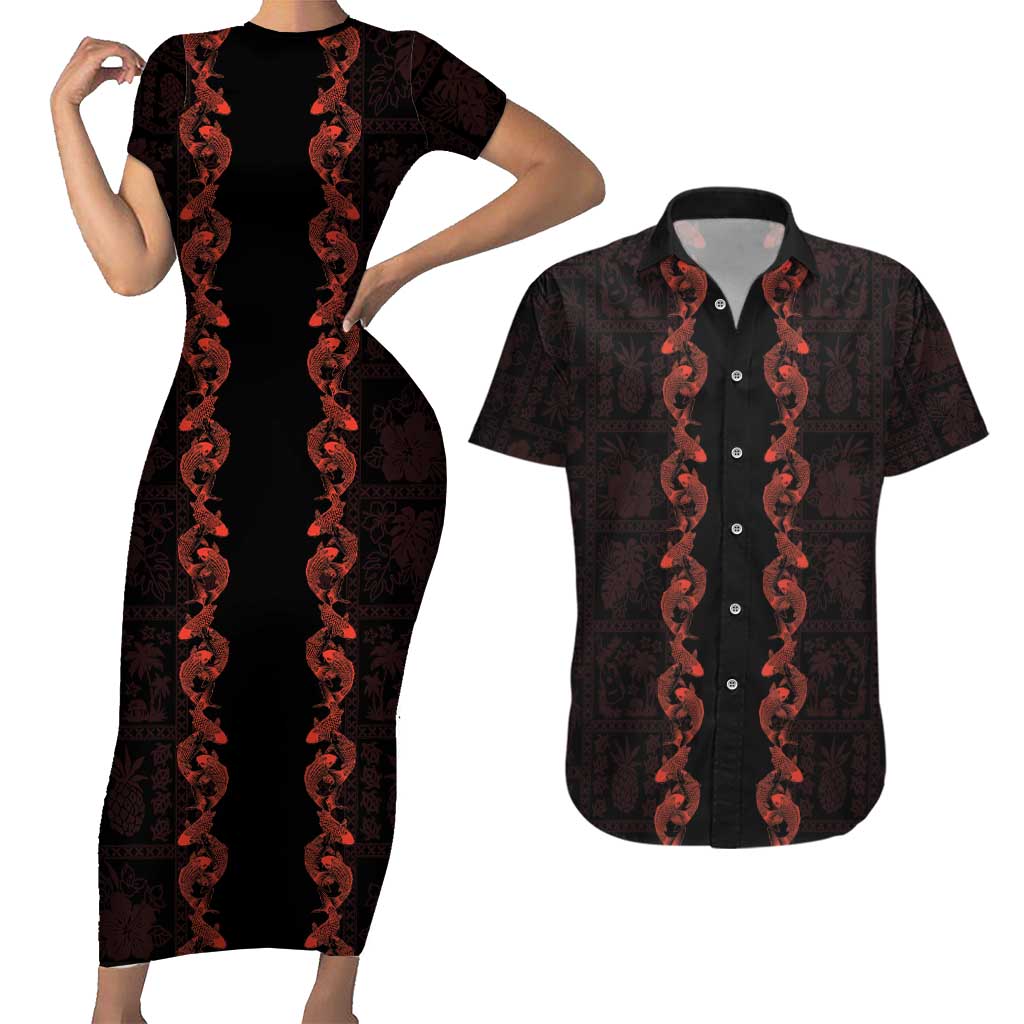 Hawaii Japan Koi Fish Red Couples Matching Short Sleeve Bodycon Dress and Hawaiian Shirt Tapa Pattern LT01 Red - Polynesian Pride