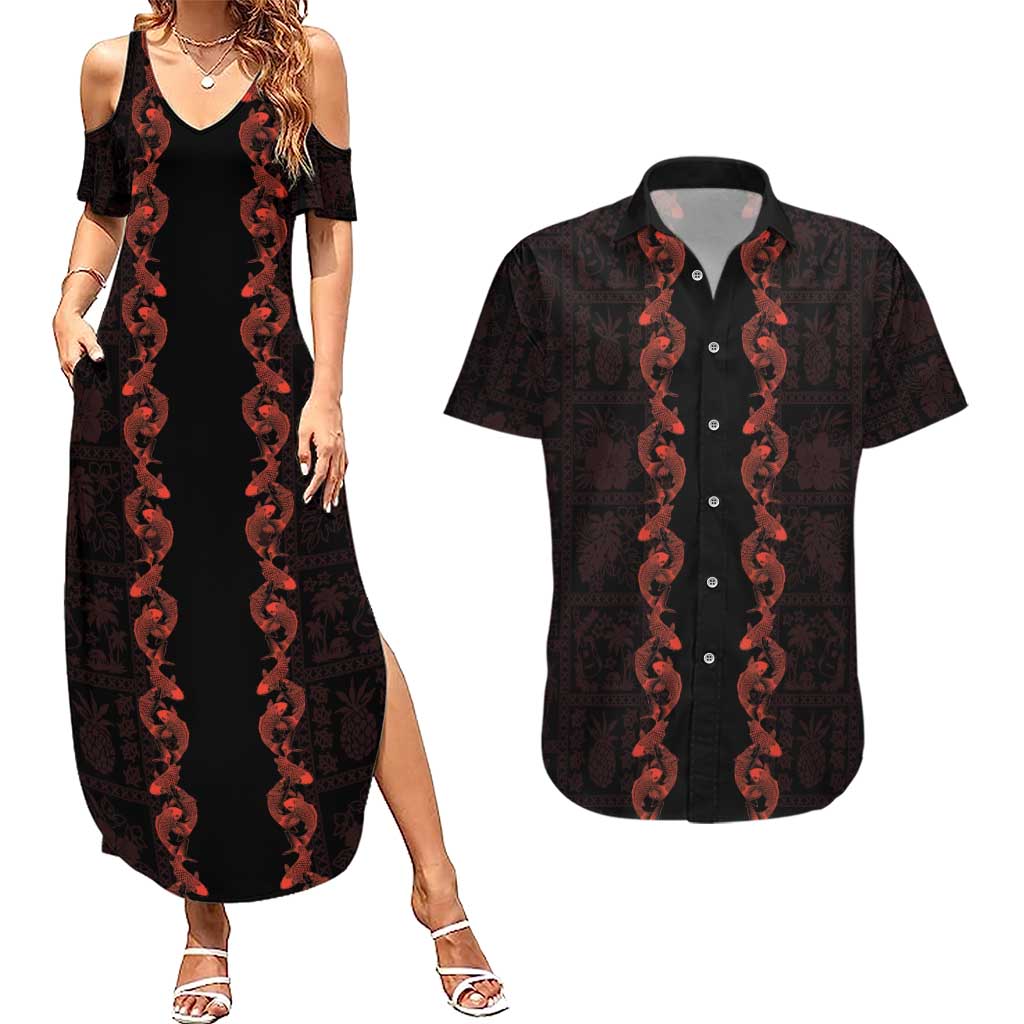 Hawaii Japan Koi Fish Red Couples Matching Summer Maxi Dress and Hawaiian Shirt Tapa Pattern - Polynesian Pride