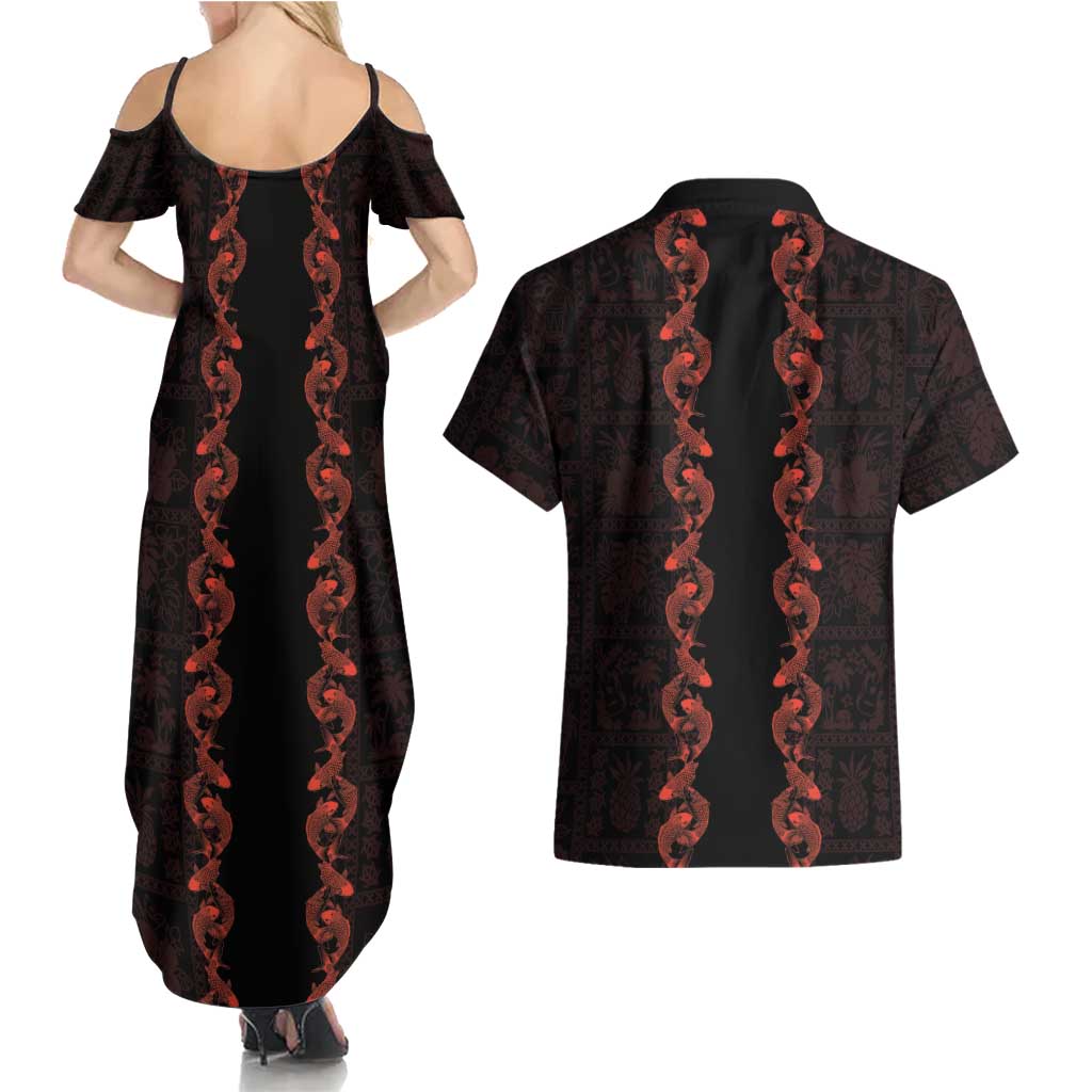 Hawaii Japan Koi Fish Red Couples Matching Summer Maxi Dress and Hawaiian Shirt Tapa Pattern - Polynesian Pride