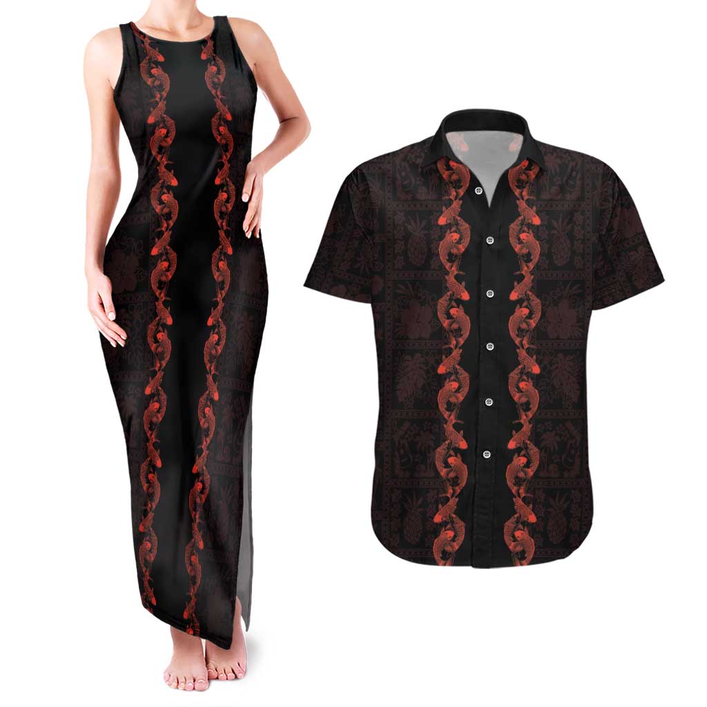 Hawaii Japan Koi Fish Red Couples Matching Tank Maxi Dress and Hawaiian Shirt Tapa Pattern LT01 Red - Polynesian Pride