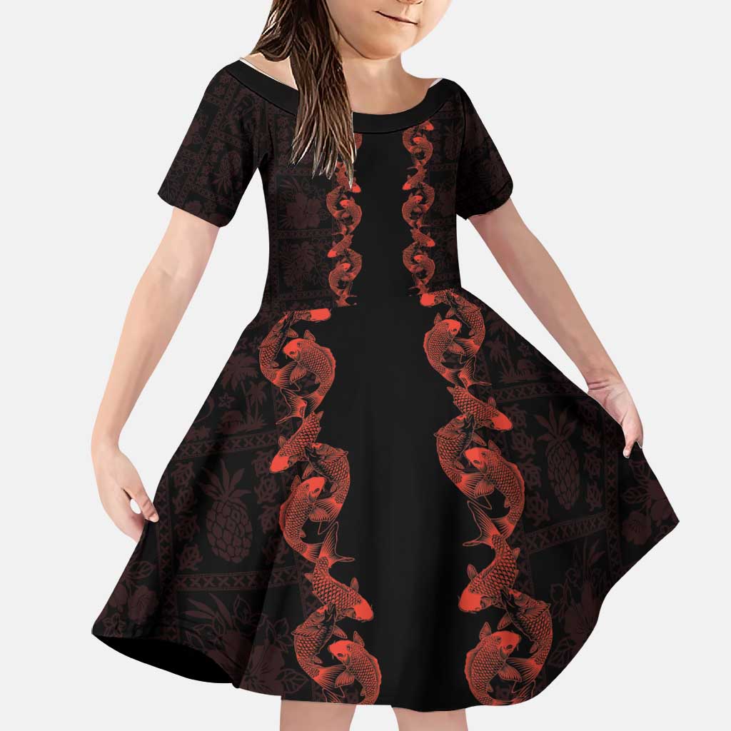 Hawaii Japan Koi Fish Red Family Matching Off The Shoulder Long Sleeve Dress and Hawaiian Shirt Tapa Pattern - Polynesian Pride