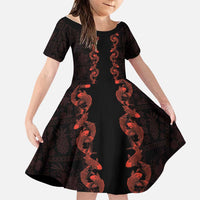 Hawaii Japan Koi Fish Red Family Matching Off The Shoulder Long Sleeve Dress and Hawaiian Shirt Tapa Pattern - Polynesian Pride