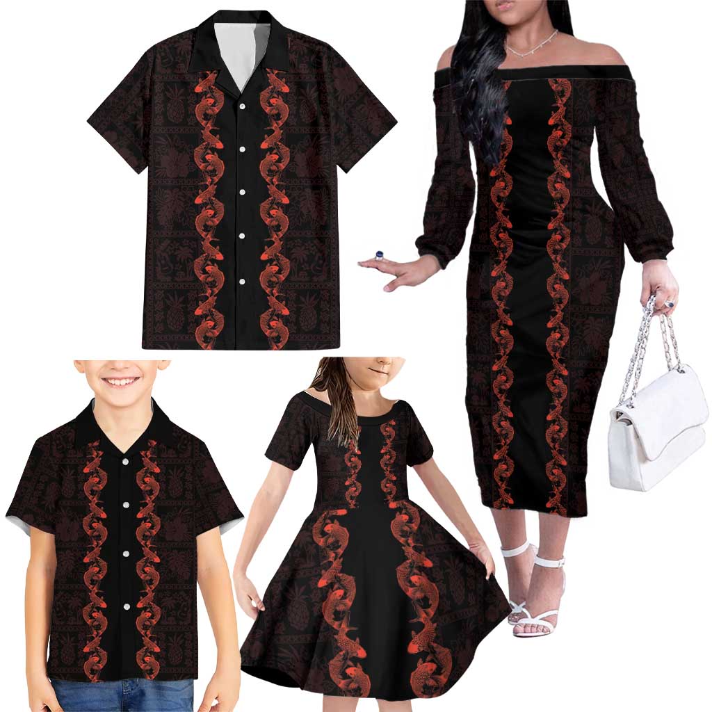 Hawaii Japan Koi Fish Red Family Matching Off The Shoulder Long Sleeve Dress and Hawaiian Shirt Tapa Pattern - Polynesian Pride