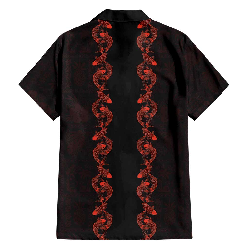 Hawaii Japan Koi Fish Red Family Matching Off The Shoulder Long Sleeve Dress and Hawaiian Shirt Tapa Pattern - Polynesian Pride