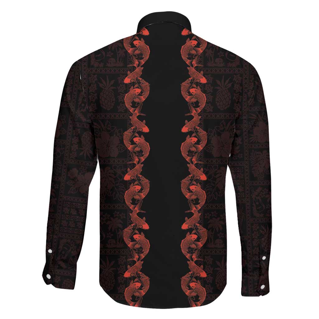 Hawaii Japan Koi Fish Red Family Matching Off The Shoulder Long Sleeve Dress and Hawaiian Shirt Tapa Pattern - Polynesian Pride