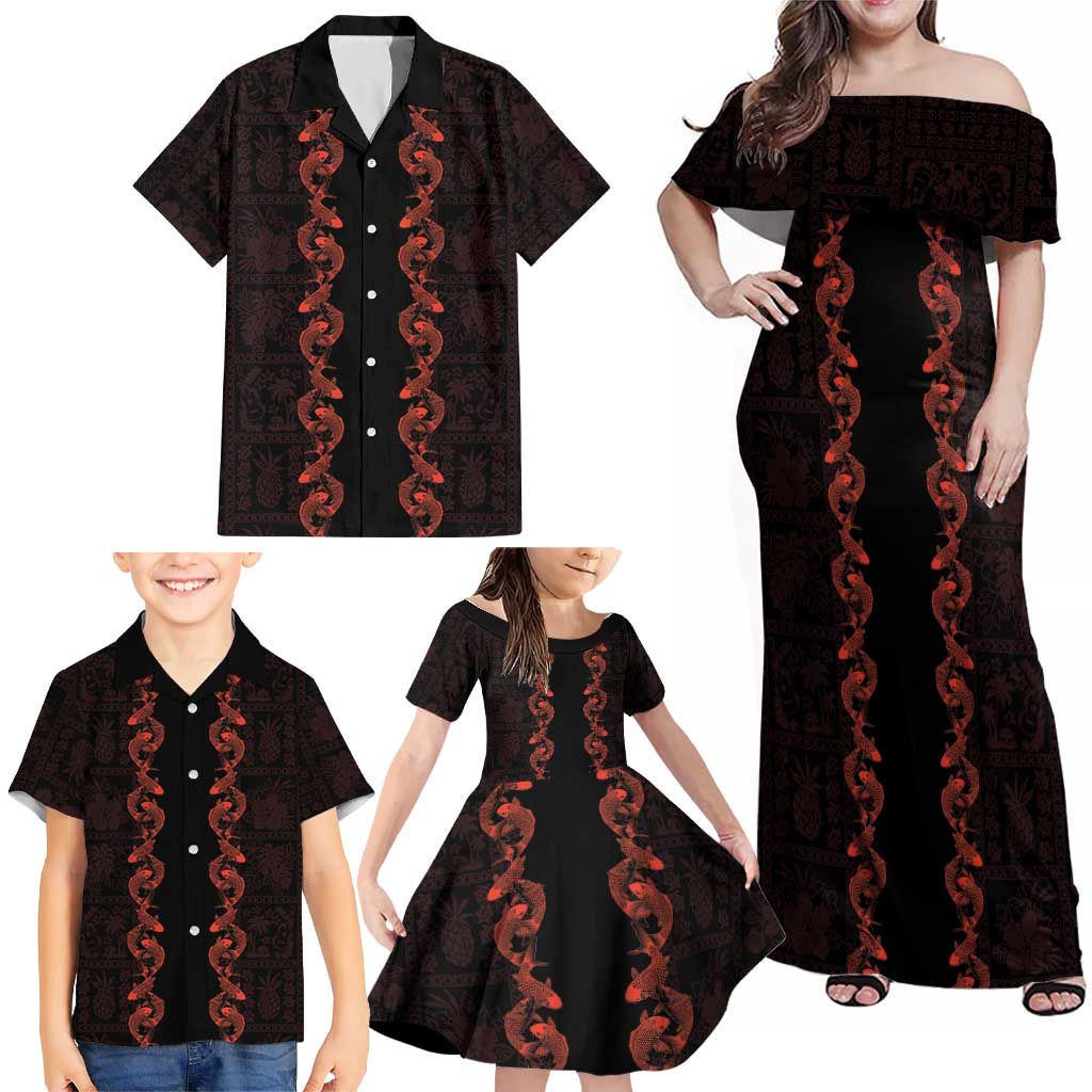 Hawaii Japan Koi Fish Red Family Matching Off Shoulder Maxi Dress and Hawaiian Shirt Tapa Pattern - Polynesian Pride