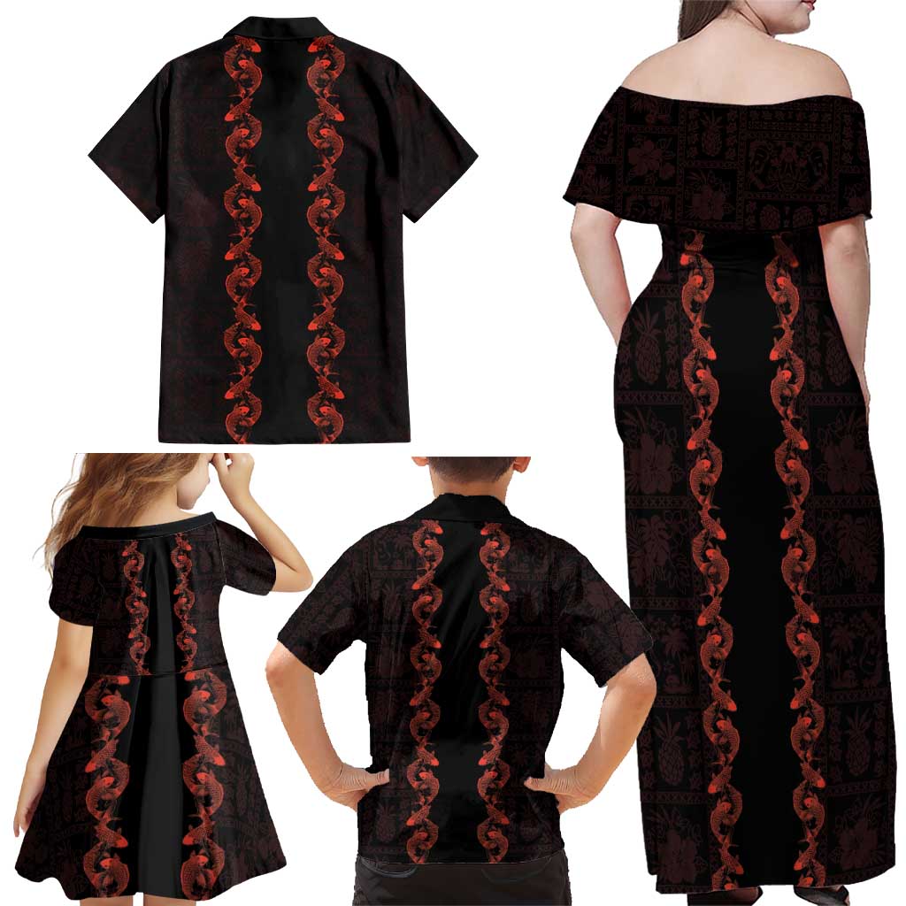 Hawaii Japan Koi Fish Red Family Matching Off Shoulder Maxi Dress and Hawaiian Shirt Tapa Pattern - Polynesian Pride