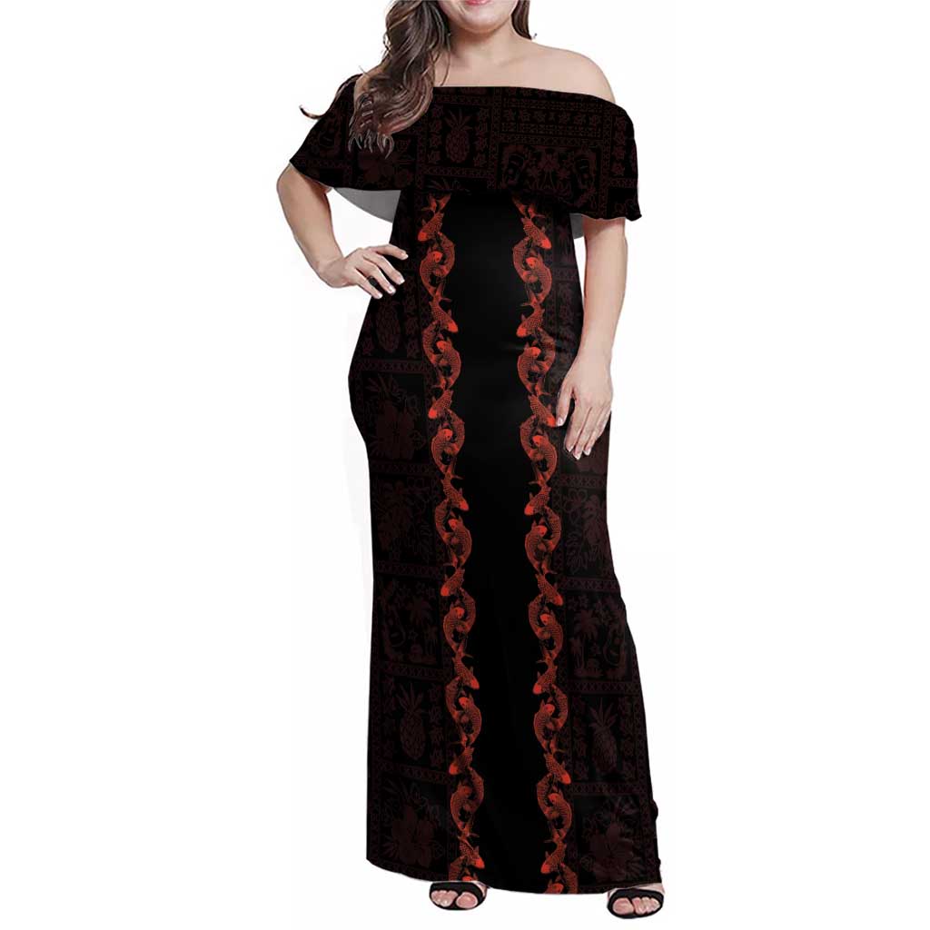 Hawaii Japan Koi Fish Red Family Matching Off Shoulder Maxi Dress and Hawaiian Shirt Tapa Pattern - Polynesian Pride