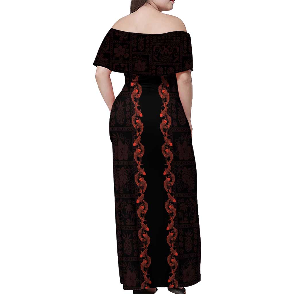 Hawaii Japan Koi Fish Red Family Matching Off Shoulder Maxi Dress and Hawaiian Shirt Tapa Pattern - Polynesian Pride