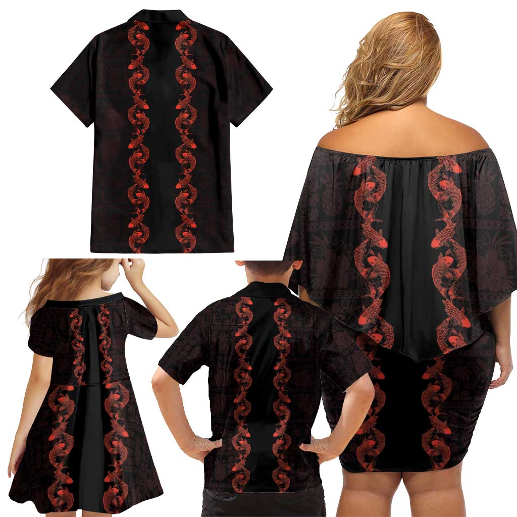 Hawaii Japan Koi Fish Red Family Matching Off Shoulder Short Dress and Hawaiian Shirt Tapa Pattern - Polynesian Pride