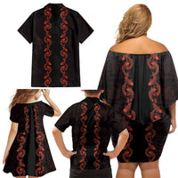 Hawaii Japan Koi Fish Red Family Matching Off Shoulder Short Dress and Hawaiian Shirt Tapa Pattern - Polynesian Pride