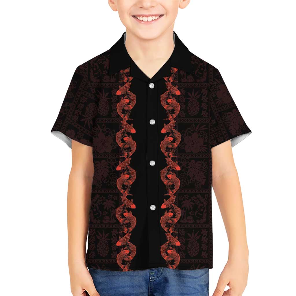 Hawaii Japan Koi Fish Red Family Matching Puletasi and Hawaiian Shirt Tapa Pattern - Polynesian Pride