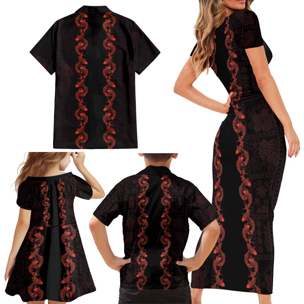 Hawaii Japan Koi Fish Red Family Matching Short Sleeve Bodycon Dress and Hawaiian Shirt Tapa Pattern - Polynesian Pride
