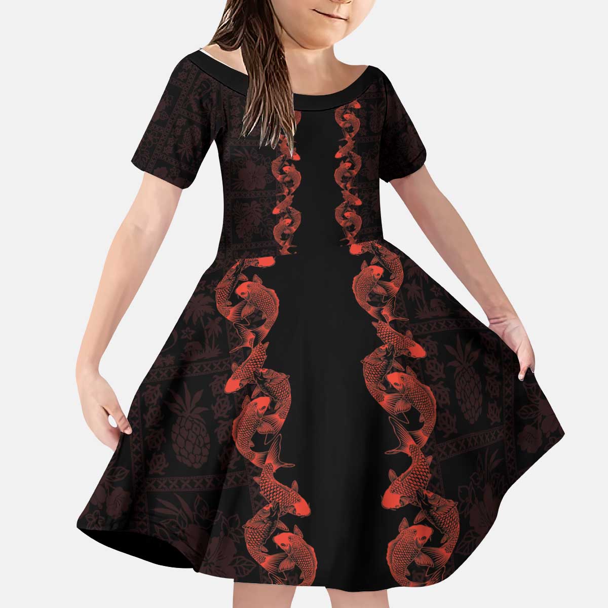 Hawaii Japan Koi Fish Red Kid Short Sleeve Dress Tapa Pattern LT01 KID Red - Polynesian Pride