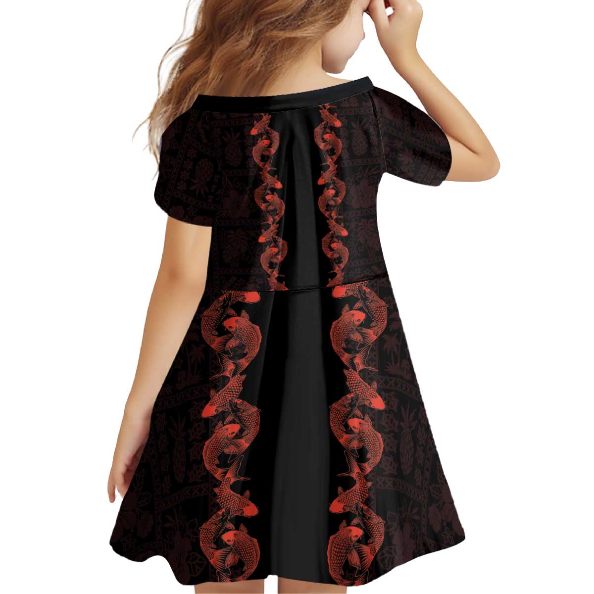 Hawaii Japan Koi Fish Red Kid Short Sleeve Dress Tapa Pattern LT01 - Polynesian Pride