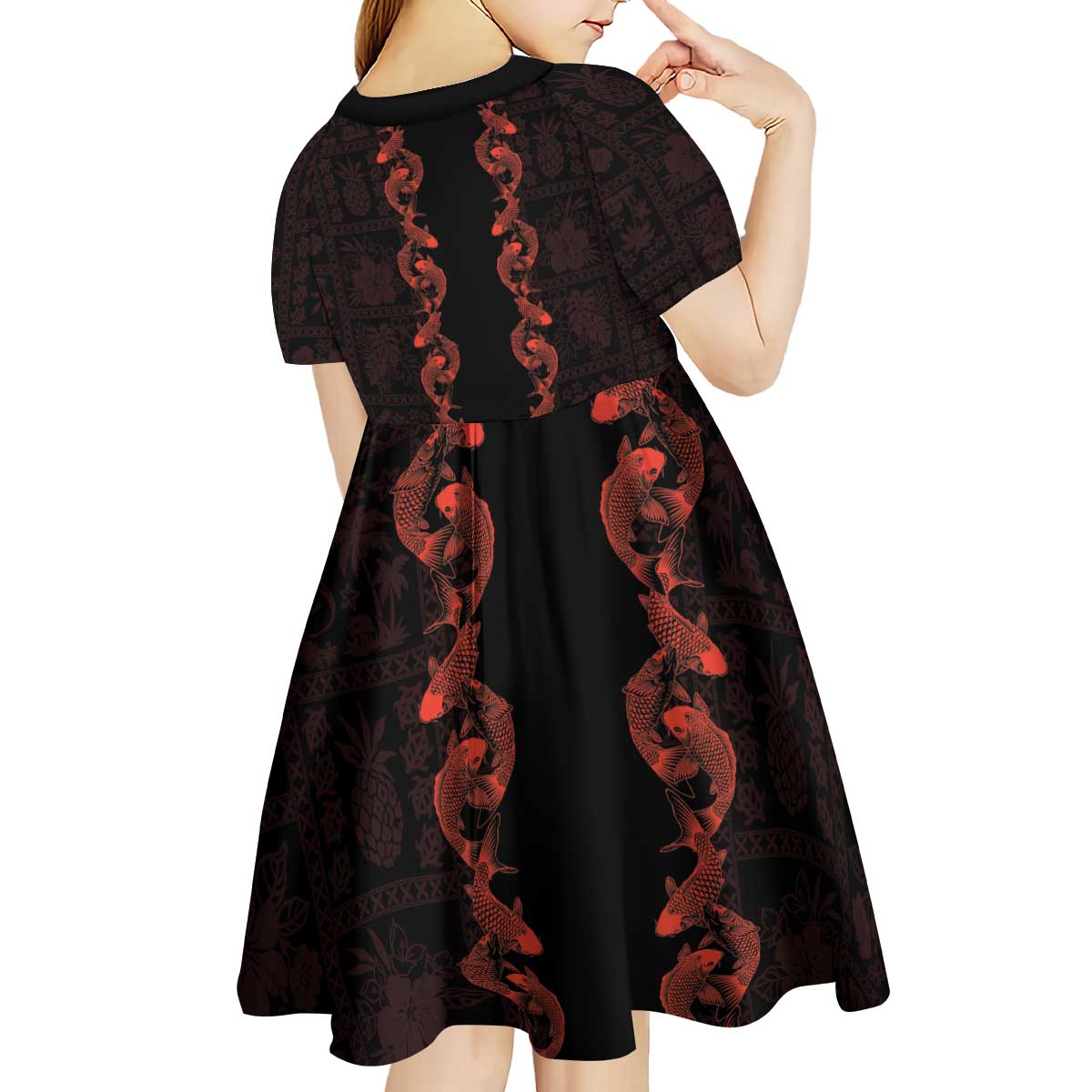 Hawaii Japan Koi Fish Red Kid Short Sleeve Dress Tapa Pattern LT01 - Polynesian Pride