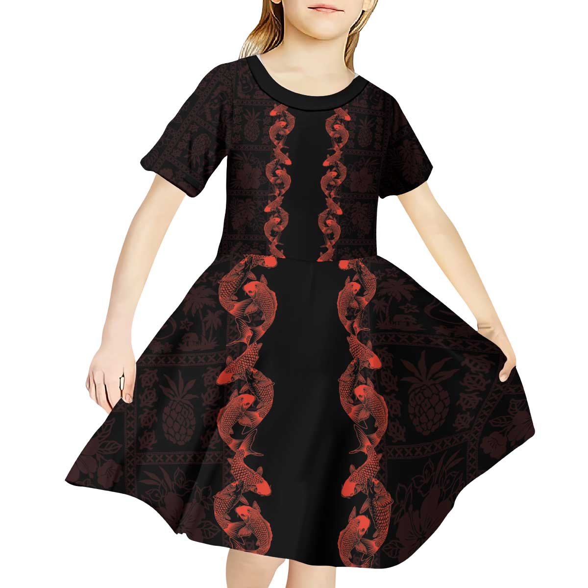 Hawaii Japan Koi Fish Red Kid Short Sleeve Dress Tapa Pattern LT01 - Polynesian Pride