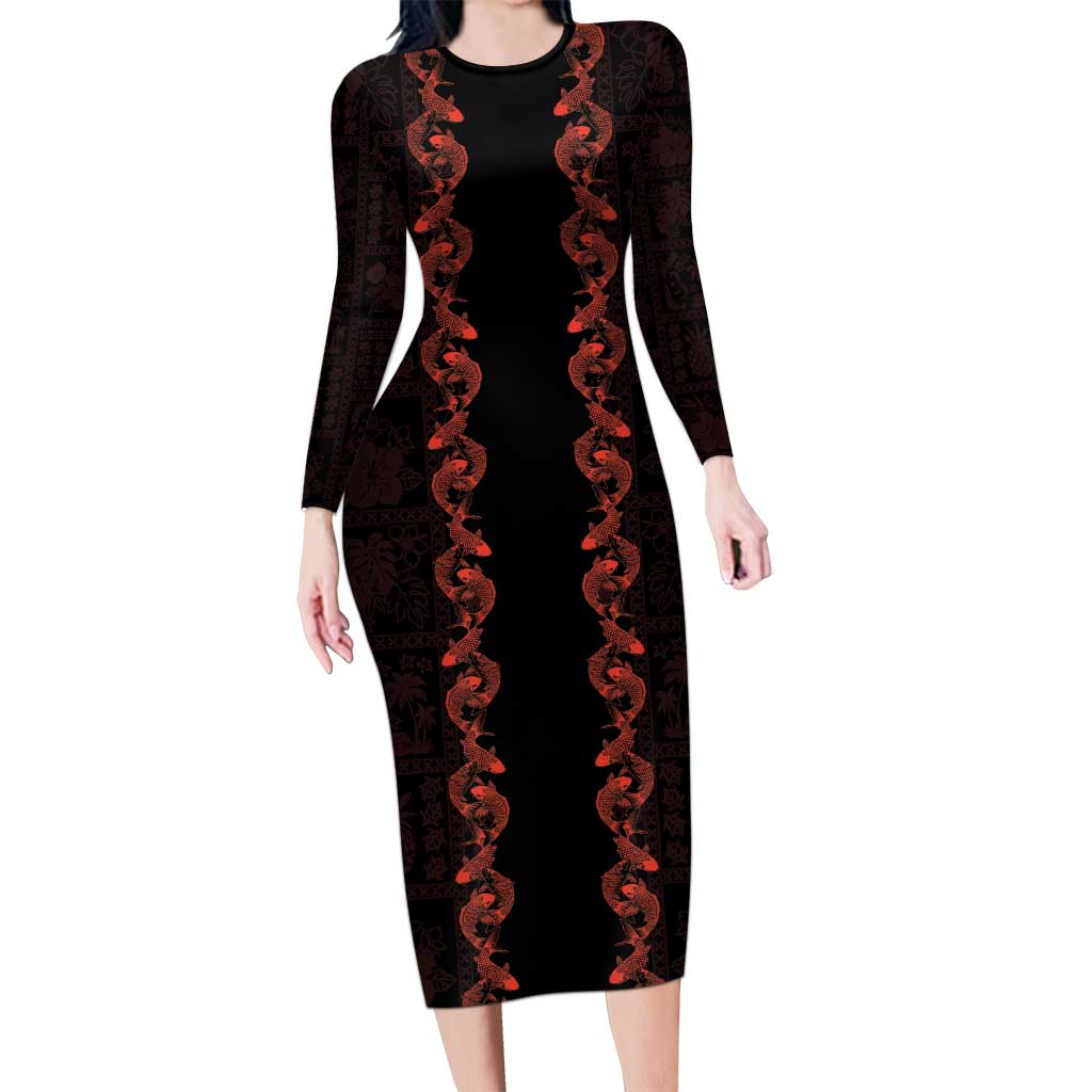 Hawaii Japan Koi Fish Red Long Sleeve Bodycon Dress Tapa Pattern LT01 Long Dress Red - Polynesian Pride