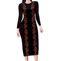 Hawaii Japan Koi Fish Red Long Sleeve Bodycon Dress Tapa Pattern LT01 Long Dress Red - Polynesian Pride