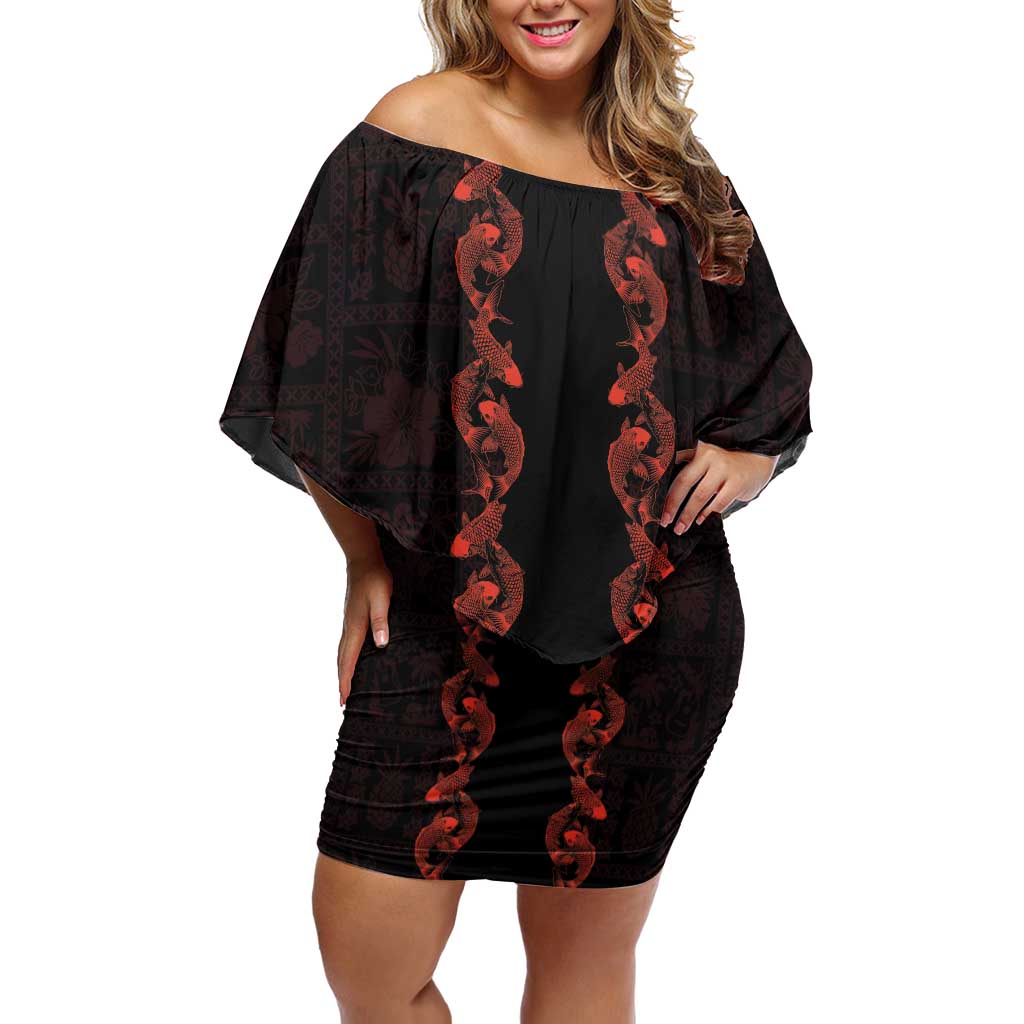 Hawaii Japan Koi Fish Red Off Shoulder Short Dress Tapa Pattern - Polynesian Pride