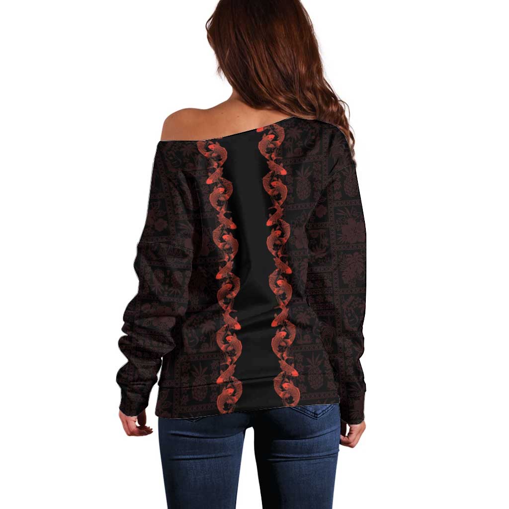 Hawaii Japan Koi Fish Red Off Shoulder Sweater Tapa Pattern - Polynesian Pride