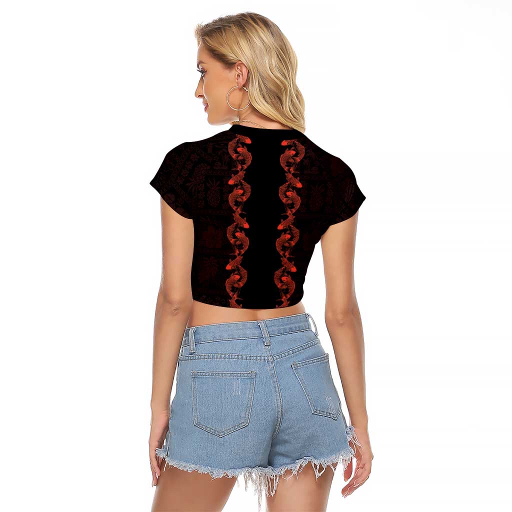 Hawaii Japan Koi Fish Red Raglan Cropped T Shirt Tapa Pattern LT01 - Polynesian Pride