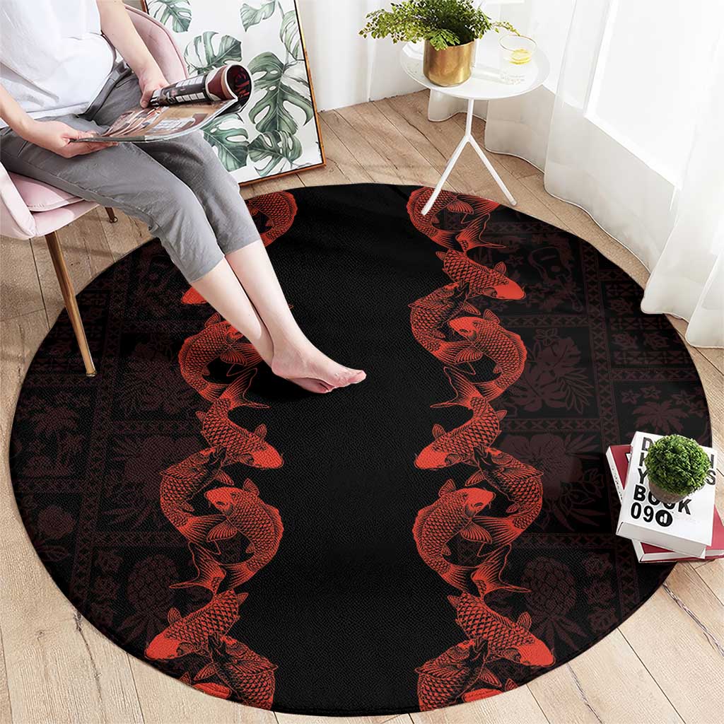 Hawaii Japan Koi Fish Red Round Carpet Tapa Pattern LT01 - Polynesian Pride