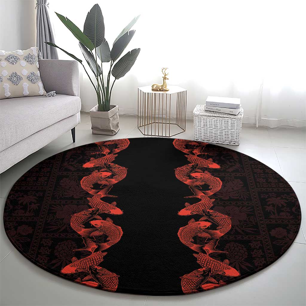 Hawaii Japan Koi Fish Red Round Carpet Tapa Pattern LT01 - Polynesian Pride