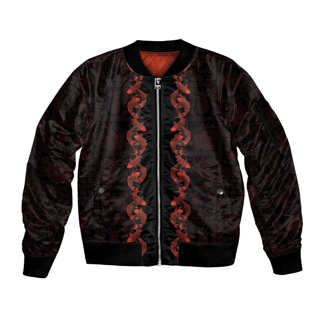 Hawaii Japan Koi Fish Red Sleeve Zip Bomber Jacket Tapa Pattern LT01 Unisex Red - Polynesian Pride