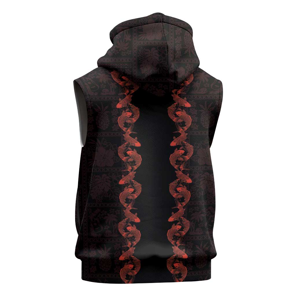 Hawaii Japan Koi Fish Red Sleeveless Zip Hoodie Tapa Pattern - Polynesian Pride