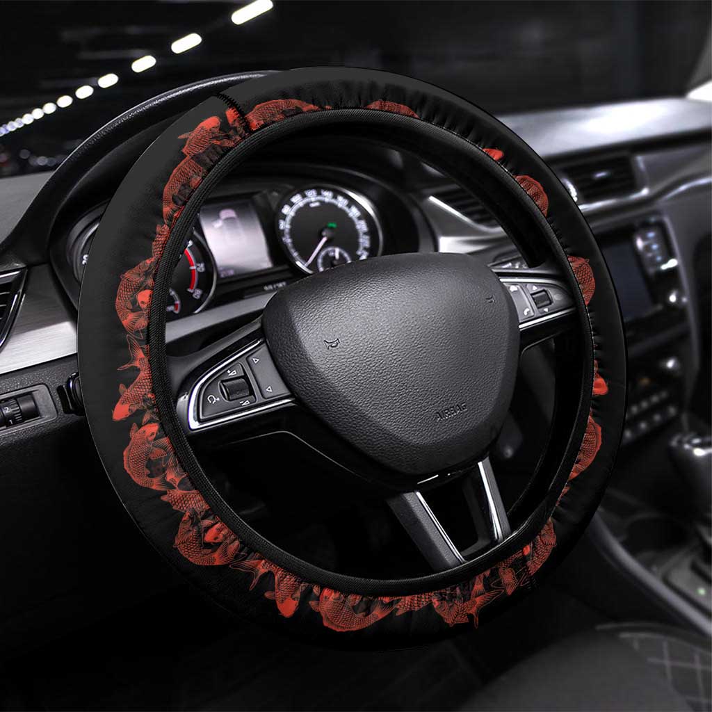 Hawaii Japan Koi Fish Red Steering Wheel Cover Tapa Pattern LT01 Universal Fit Red - Polynesian Pride